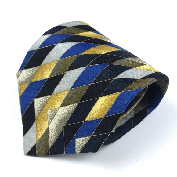 Elegant Striped Zig Zag Abstract Black Blue Yellow Gray 100% Silk Necktie ITALY - Picture 3 of 10